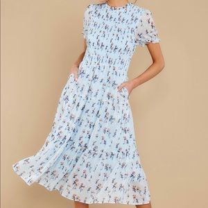light blue floral print midi dress